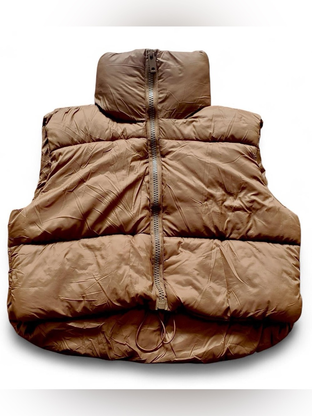 Women’s Brown Cropped Puffer Vest with adjustable hem